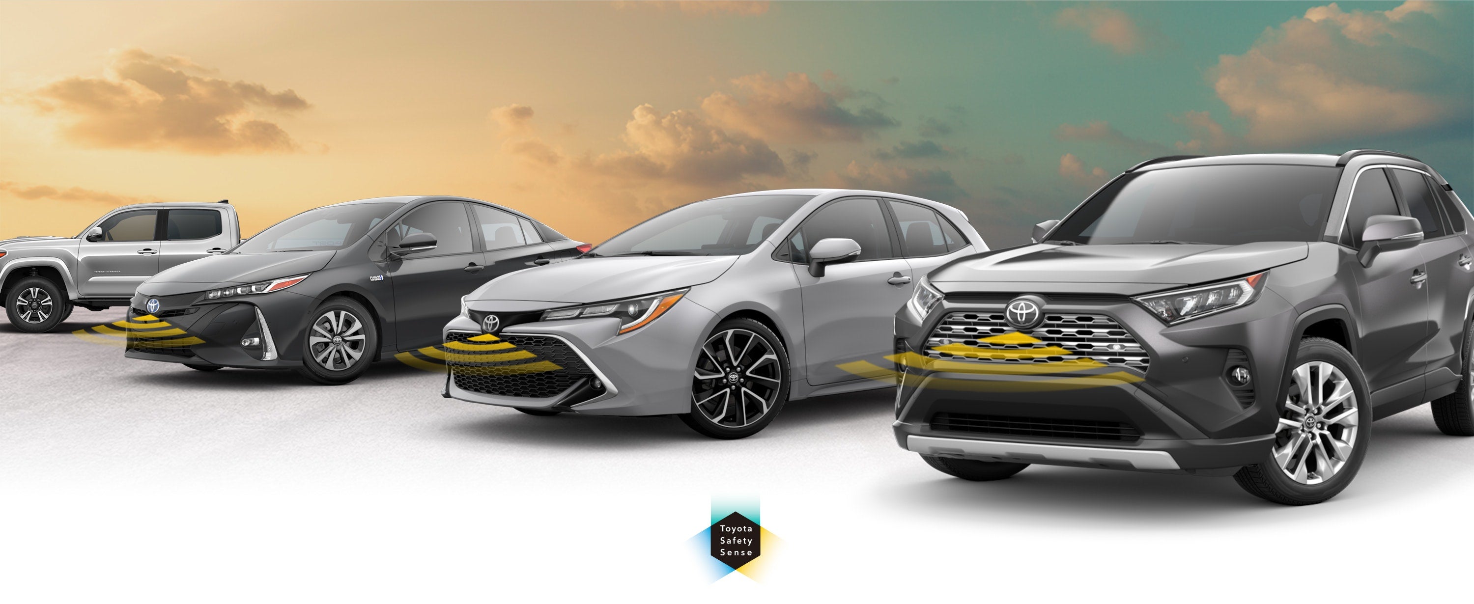 Toyota Safety Sense: Designed for Safety. Options shown on Toyota models including RAV4, Tacoma, and Camry, available now at Stevens Creek Toyota in San Jose CA.